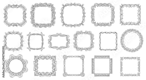 Set of Decorative Hand Drawn Floral and Geometric Frames