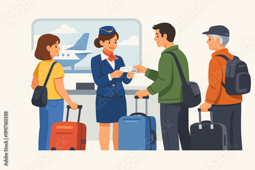 Professional air hostess in blue uniform inspecting boarding passes for passengers with suitcases at an airport gate terminal. People waiting in line to board a plane. Flat vector illustration.
