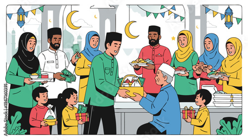 A joyous family gathering during Eid al Fitr, with people sharing food and gifts, celebrating the end of Ramadan with joy and togetherness