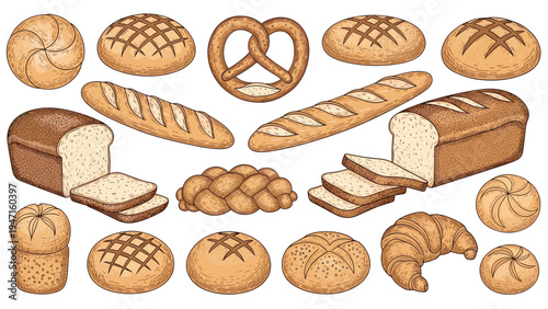 Assorted collection of hand drawn bread including baguettes, pretzels, whole loaves, and sliced bread for a bakery theme.