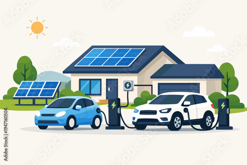 Sustainable living concept featuring two electric vehicles charging at a modern home. Blue and white EV cars plugged into charging stations powered by rooftop solar panels and a solar array system.