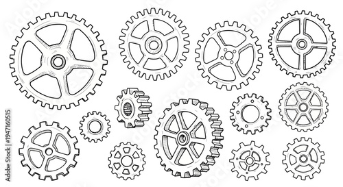 Set of Hand Drawn Mechanical Gear Icons