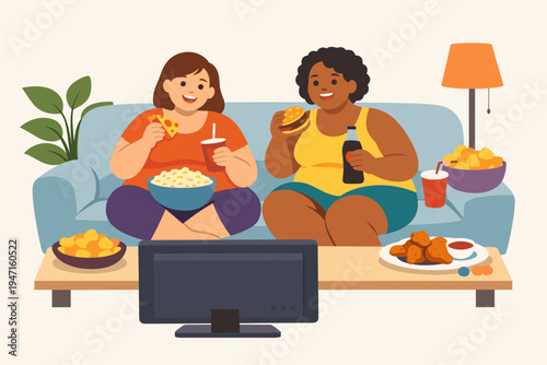 Two happy overweight women sitting on a sofa eating junk food like pizza, burgers, and popcorn while watching television in a living room. Flat vector illustration of sedentary lifestyle habits.