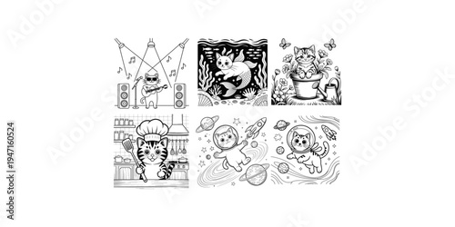 ute Adventure Cats Coloring Pages Bundle - Astronaut, Chef, Mermaid, and Musician Kittens Illustration Set