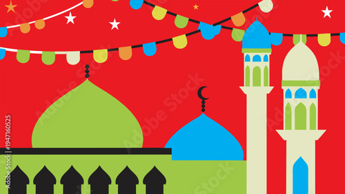 Vibrant Eid al Fitr celebration with mosque and festive lights, Ramadan, Islamic holiday, joyful decorations