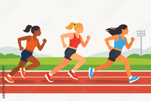 Three diverse female athletes competing in a track and field race at a stadium. Flat vector illustration of women runners sprinting on a red track during a sports competition or marathon event.