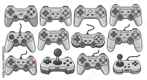 Set of Retro Video Game Controllers and Joysticks