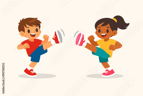 Cute Diverse Boy and Girl Practicing Martial Arts Kicking Exercise, Flat Vector Illustration of Children Doing Karate or Taekwondo Training for Fitness and Health on Light Background.