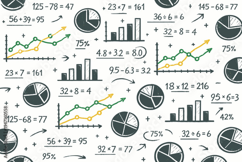 Hand-drawn mathematical equations and statistical graphs seamless pattern. Features line charts, bar graphs, and pie charts for education, finance, business data analysis, and school themes.