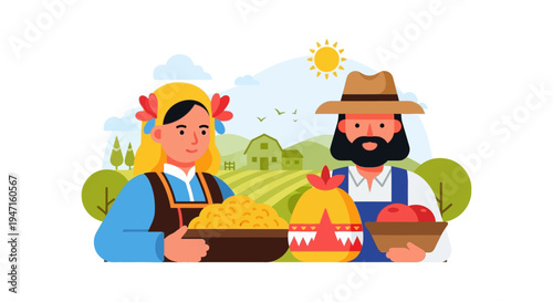 Flat Vector Illustration of Farming Couple Holding Harvest, Barn and Fields in Background. Organic Food and Traditional Agriculture.