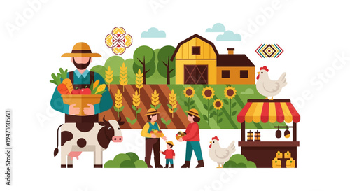 Sustainable Family Farming and Harvest Illustration. Organic Agriculture, Local Produce Market Stand with Farmers, Cow, and Chickens.