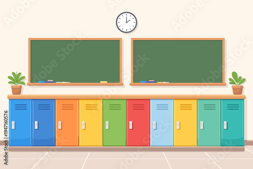 Classroom Interior with Colorful Lockers and Green Chalkboards. Simple Flat Vector Illustration of a School Hallway or Learning Space with Clock and Potted Plants for Education Background.