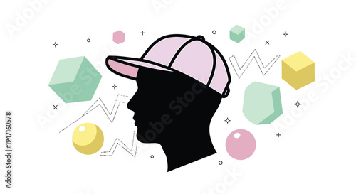 Vector illustration of a person wearing a cap with colorful shapes
