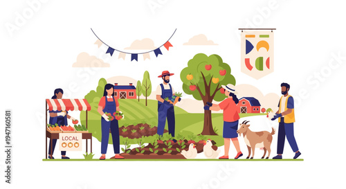 Local Farmers Market and Agriculture Scene. Diverse people harvesting and selling fresh organic produce at a farm stand, promoting sustainable food production.