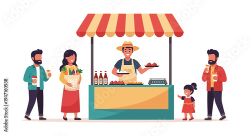 Happy Vendor at Farmers Market Selling Fresh Produce. Customers Shopping for Organic Vegetables, Local Small Business Flat Illustration.