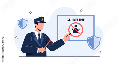 Security guard points to guideline sign with no entry symbol, rules and safety