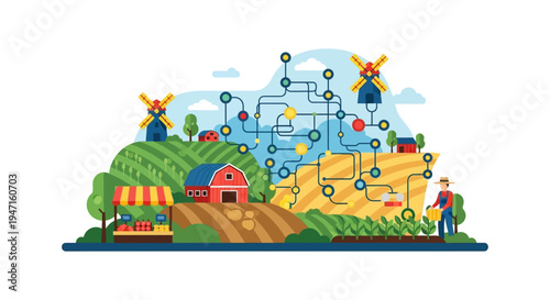 Smart Farming and Digital Agriculture Concept Illustration. Data network connects farm, farmer, crops, and supply chain management using IoT technology.