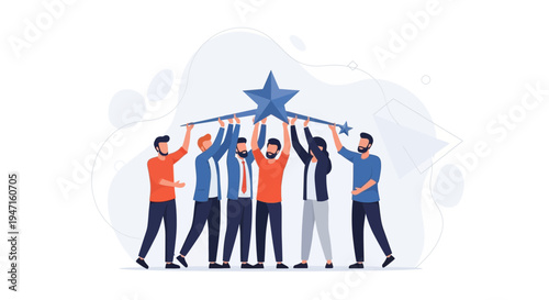 Teamwork success: Diverse group holding a shining star aloft, symbolizing achievement
