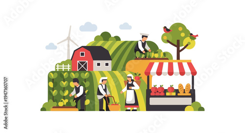 Farm to Market Ecosystem Illustration. Sustainable Agriculture, Farmers Harvesting Crops, Barn, Wind Turbine, and Local Produce Stand.