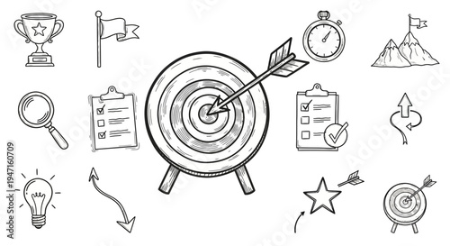 Business Success and Goal Achievement Hand Drawn Doodle Set
