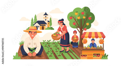 Farming Community Illustration: Family Planting, Harvesting, and Selling Fresh Produce at a Local Farmer's Market Stall.