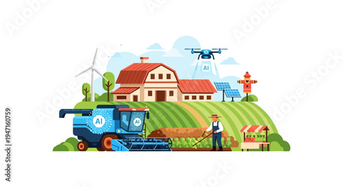 Precision Smart Farming Technology with AI Drone, Autonomous Combine Harvester, Farmer, Wind Turbine, and Solar Panels on a Sustainable Agricultural Field.
