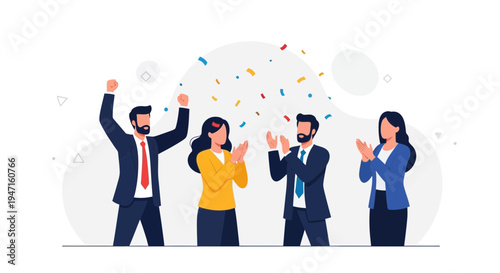 Business team celebrating success with confetti and applause, flat design