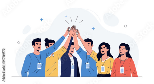 Teamwork high five, diverse group celebrating success, unity and collaboration concept