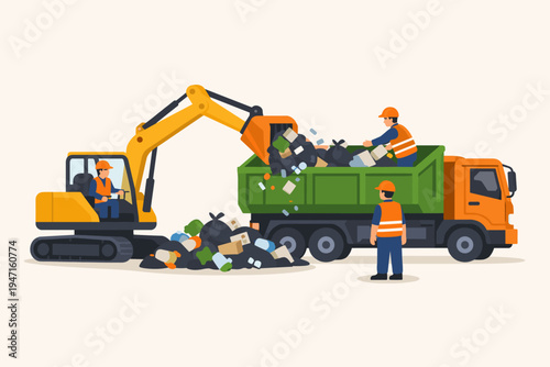 Waste Management Workers Using a Yellow Excavator to Load Garbage Bags and Trash into a Green Dump Truck for Disposal and Recycling, Flat Vector Illustration of Sanitation Service and Cleanup.