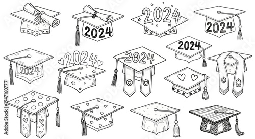 Set of Hand-Drawn 2024 Graduation Caps and Academic Elements