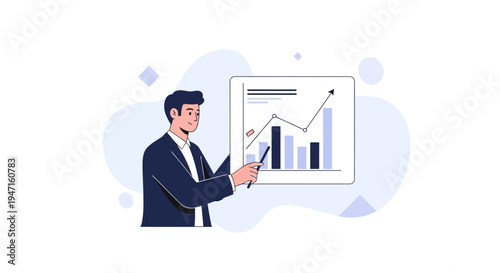 Businessman presenting financial growth chart with rising arrow, business concept