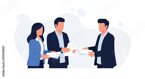 Business meeting: three professionals discussing documents, teamwork, collaboration, office environment