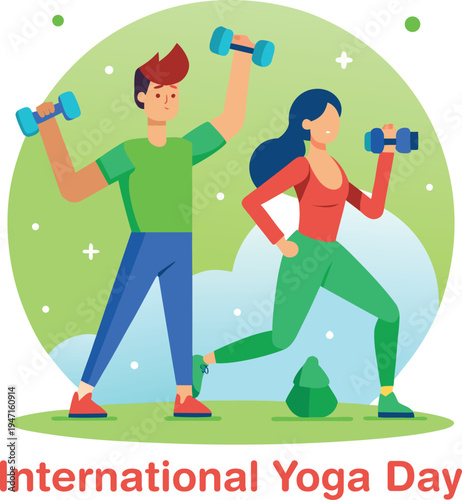 Man and woman exercising with dumbbells on international yoga day