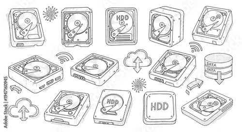Set of Hand-Drawn Hard Disk Drive Icons and Data Storage Elements
