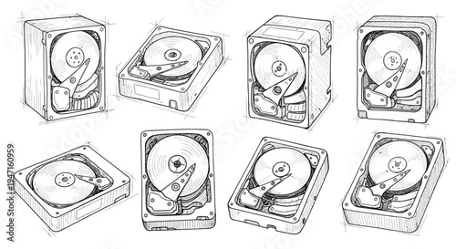 Set of Hand Drawn Hard Disk Drive Sketches