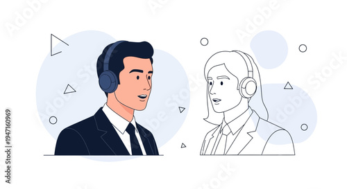 Diverse colleagues in headphones communicating, business meeting, remote work concept