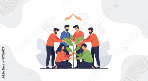 Teamwork planting a tree, symbolizing growth, collaboration, and environmental care