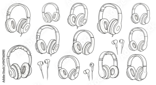 Set of Hand Drawn Headphones and Earphones Collection