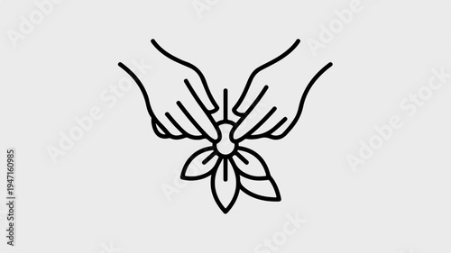 Hands releasing a flower symbolizing freedom and nature simple line art on gray background