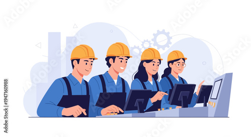 Team of engineers working together in a modern factory control room