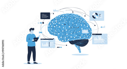 Vector illustration of man interacting with brain and digital devices