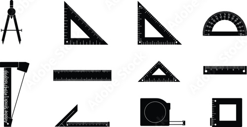 Geometric And Measuring Tools Icons Including Rulers And Protractor compass triangle