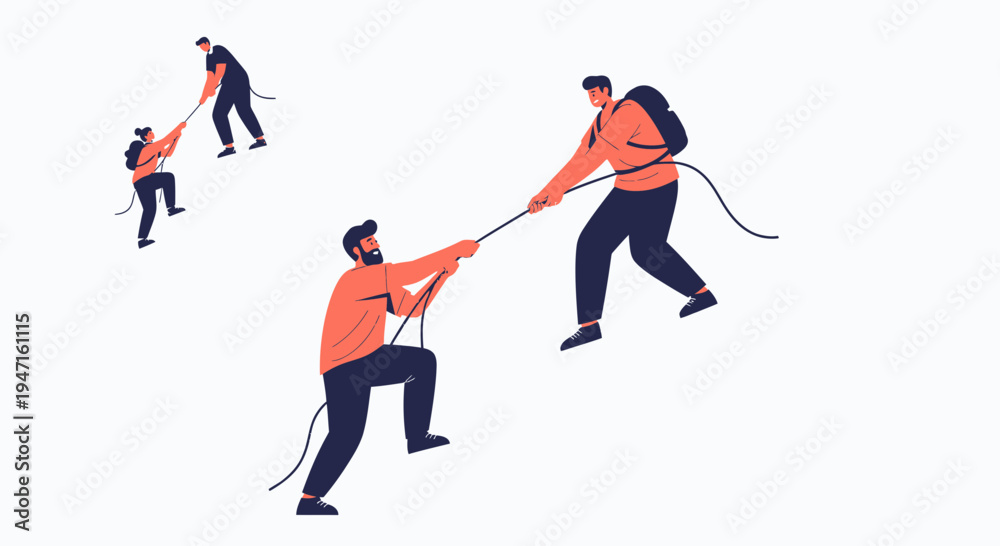 Fototapeta premium Teamwork climbing mountain helping each other with rope, success, support, collaboration