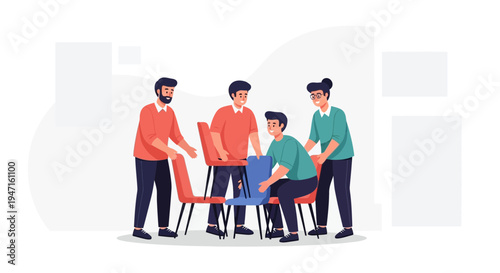 Teamwork Collaboration: Diverse people arranging chairs for meeting or event