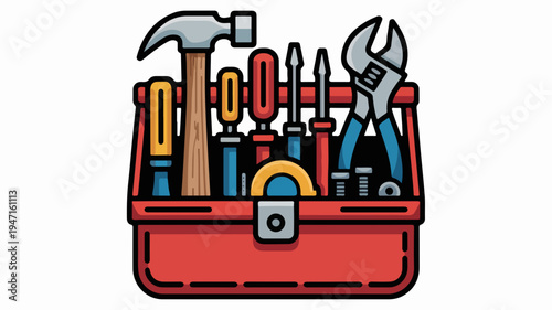 Red toolbox filled with various colorful tools and equipment for diy projects and repairs