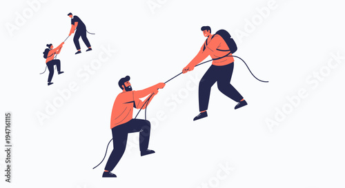 Teamwork climbing mountain helping each other with rope, success, support, collaboration