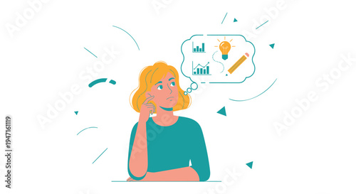 Vector illustration of woman thinking with lightbulb idea
