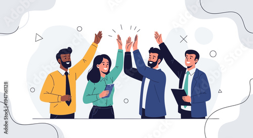 Diverse team celebrating success with high fives, teamwork and achievement concept