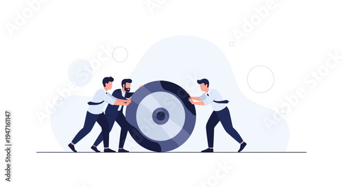 Teamwork pushing a large gear wheel forward, business concept illustration