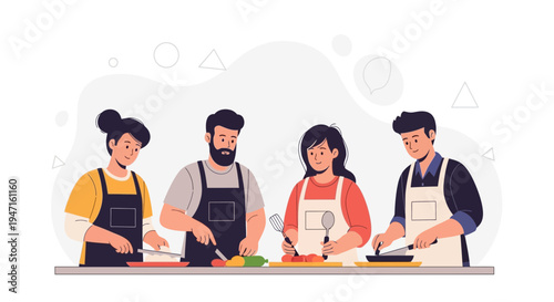 Diverse group of people cooking together, healthy food preparation, culinary class